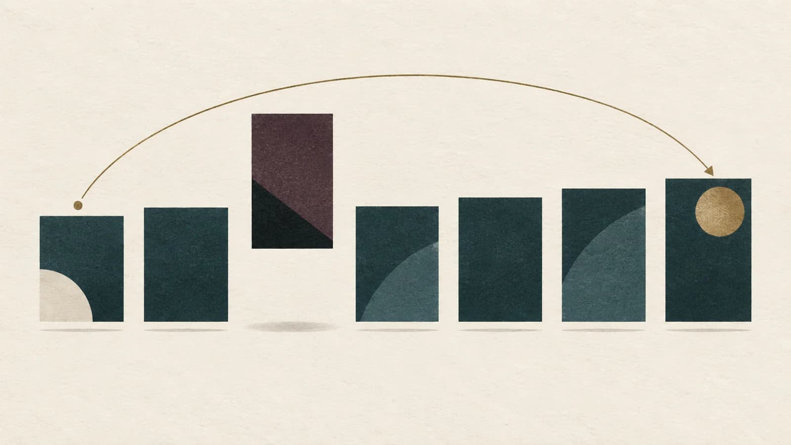 Seven abstract scene blocks showing rhythm, rearrangement, and payoff