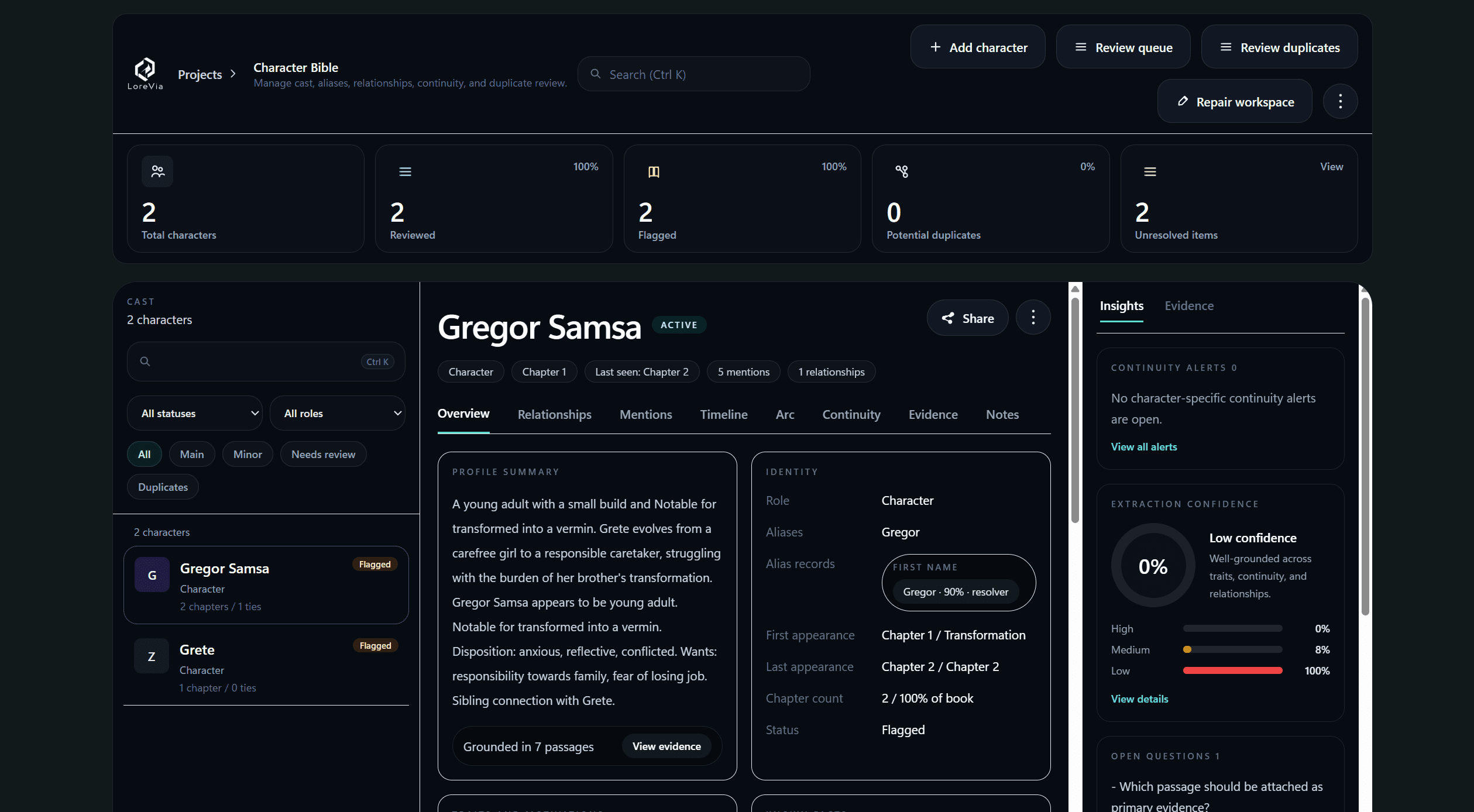 Track character continuity product screenshot