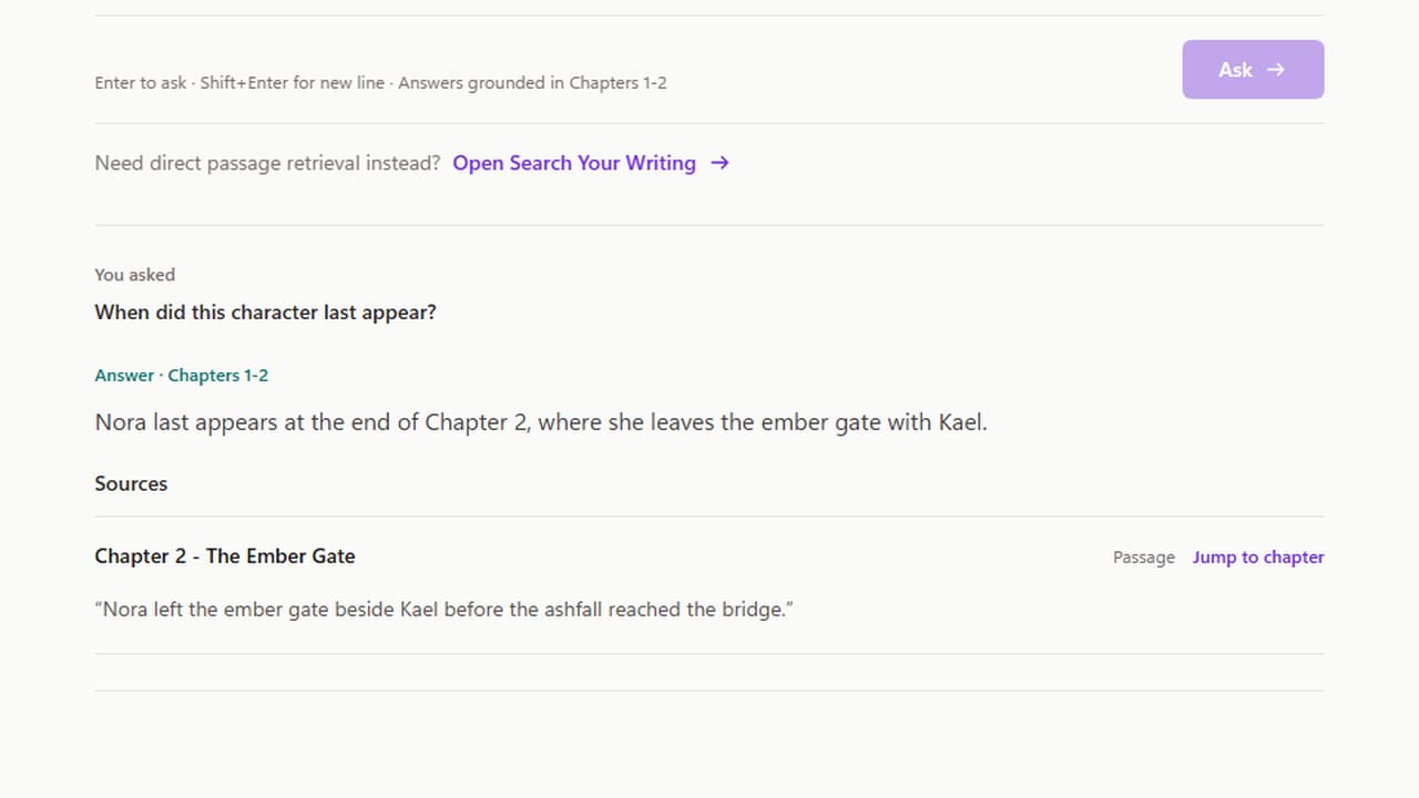 LoreVia manuscript analysis with an advisor panel and chapter evidence