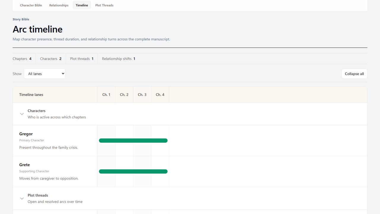 LoreVia timeline view organising story events and continuity signals